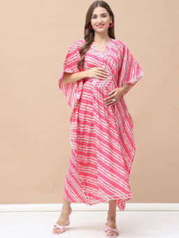 Secret Wish - Bandhani Print Pink Chanderi Silk Maternity Kaftan Dress
