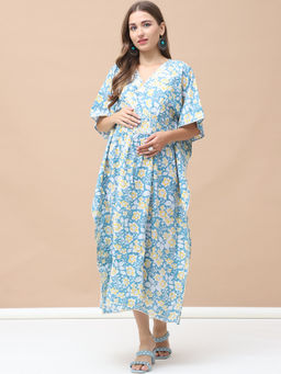 Secret Wish - Floral Print Sky Blue Cotton Lurex Maternity Kaftan Dress