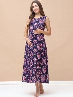 Secret Wish - Printed Navy Blue Rayon Maternity Nightdress