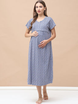 Secret Wish - Printed Blue Hosiery Maternity Nightdress