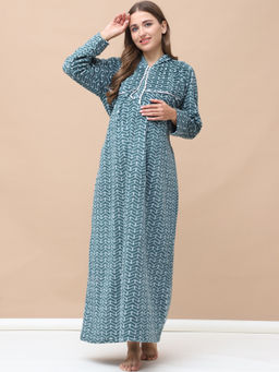 Secret Wish - Geometric Print Green Woolen Maternity Nightdress