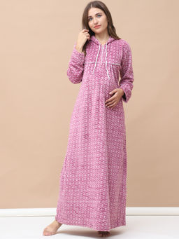 Secret Wish - Geometric Print Pink Woolen Maternity Nightdress