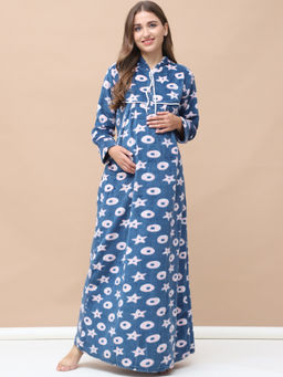 Secret Wish - Printed Blue Woolen Maternity Nightdress