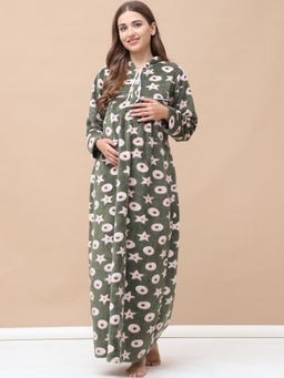 Secret Wish - Printed Olive Woolen Maternity Nightdress