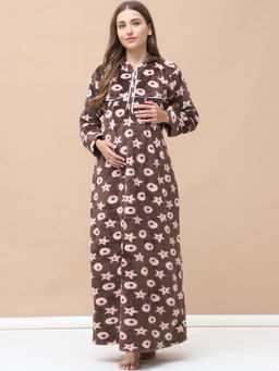 Secret Wish - Printed Brown Woolen Maternity Nightdress