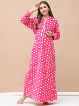 Secret Wish - Polka Dot Pink Woolen Maternity Nightdress