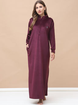 Secret Wish - Solid Wine Velvet Maternity Velvet Nightdress