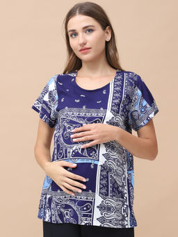 Secret Wish - Printed Blue Rayon Maternity Nursing Top