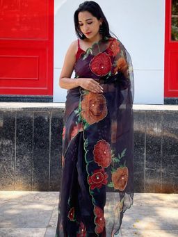 Odette - Black Organza Printed Saree with Unstitched Blouse
