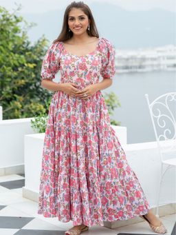 Lavanya The Label - Pink Cotton Printed Flared Long Dress (Set of 2)