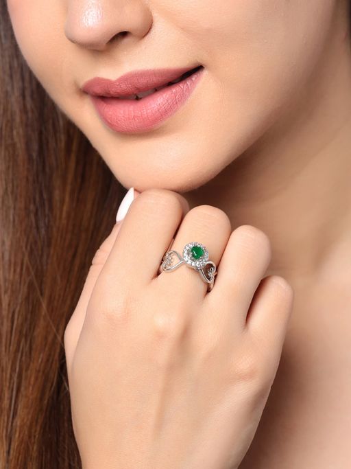 Yellow Chimes Women Silver-Plated Green Studded Heart Shaped Adjustable Finger Ring