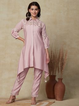 FASHOR - Solid Mirror Embroidered Kurta with Pant - Pink (Set of 2)