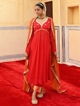 FASHOR - Ethnic Embroidered Kurta with Palazzo & Dupatta - Red (Set of 3)