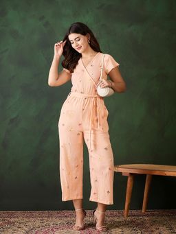 StyleStone - Women Butterfly Embroidered Peach Rayon Crepe Jumpsuit