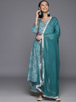 Varanga - Women Turquoise Blue Mirror Work Printed A-Line Kurta with Pant & Dupatta (Set of 3)