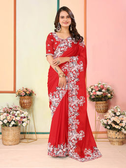 VAIRAGEE - Subhdra Red Soft Silk Embroidered Work Saree with Unstitched Blouse
