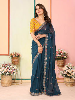 VAIRAGEE - Blue Organza Embroidered Work Saree with Unstitched Blouse