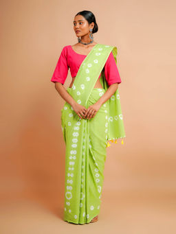 Palash - Olive Shibori Printed Mulmul Cotton Saree without Blouse