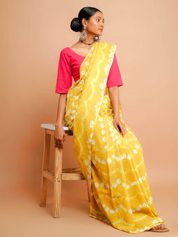 Palash - Mustard Shibori Printed Mulmul Cotton Saree without Blouse
