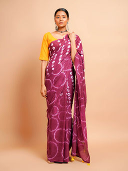 Palash - Wine Shibori Printed Mulmul Cotton Saree without Blouse