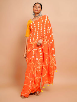Palash - Orange Shibori Printed Mulmul Cotton Saree without Blouse