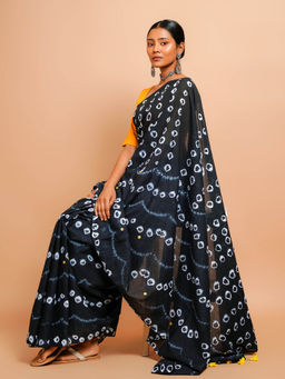 Palash - Black Shibori Printed Mulmul Cotton Saree without Blouse