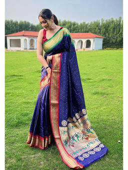 Mysilklove - Navy Blue Woven Paithani Saree without Blouse