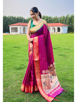Mysilklove - Jazberry Pink Woven Paithani Saree without Blouse