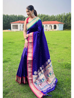 Mysilklove - Bondi Blue Woven Paithani Saree without Blouse