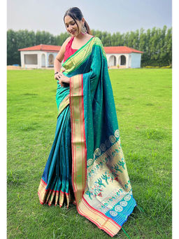 Mysilklove - Peacock Blue Woven Paithani Saree without Blouse