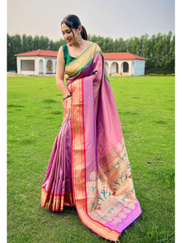 Mysilklove - Tulip Pink Woven Paithani Saree without Blouse