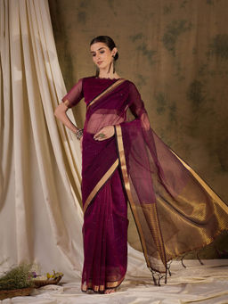 Mysilklove - Americano Wine Woven Organza Saree without Blouse