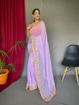Mysilklove - Logan Lavender Georgette Sequins Designer Embroidered Border Saree without Blouse