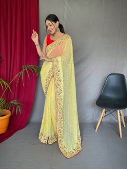 Mysilklove - Lemon Yellow Georgette Sequins Designer Embroidered Border Saree without Blouse