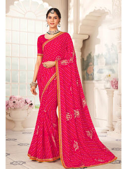 Laxmipati Sarees - Chiffon Rani Color Saree Bandhani Print with Lace Border with Unstitched Blouse