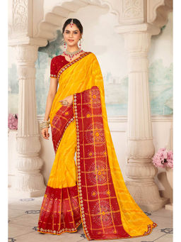 Laxmipati Sarees - Chiffon Checks Red & Yellow Bandhani with Lace Border Saree with Unstitched Blouse