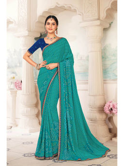 Laxmipati Sarees - Chiffon Firozi Color Bandhani Print with Lace Border Saree with Unstitched Blouse
