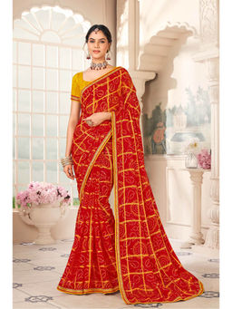 Laxmipati Sarees - Chiffon Checks Red Color Bandhani with Lace Border Saree with Unstitched Blouse