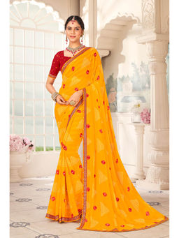 Laxmipati Sarees - Chiffon Yellow Color Bandhani Print with Lace Border Saree with Unstitched Blouse
