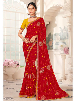 Laxmipati Sarees - Chiffon Maroon Color Bandhani Print with Lace Border Saree with Unstitched Blouse