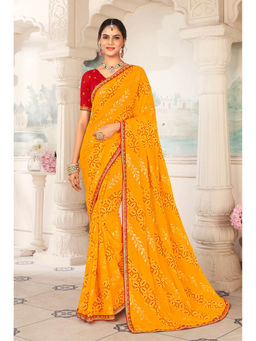 Laxmipati Sarees - Chiffon Yellow Color Bandhani Print with Lace Border Saree with Unstitched Blouse