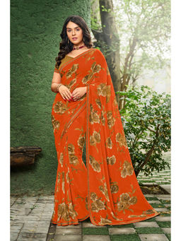 Laxmipati Sarees - Georgette Orange Color Floral Print with Lace Border Saree with Unstitched Blouse