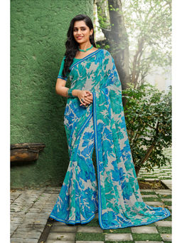Laxmipati Sarees - Georgette Blue Color Floral Print with Lace Border Saree with Unstitched Blouse