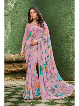 Laxmipati Sarees - Georgette Purple Color Floral Print with Lace Border Saree with Unstitched Blouse