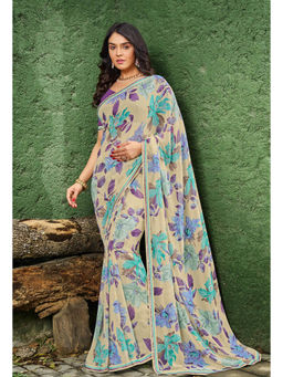 Laxmipati Sarees - Georgette Beige Color Floral Print with Lace Border Saree with Unstitched Blouse