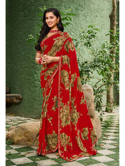 Laxmipati Sarees - Georgette Red Color Floral Print with Lace Border Saree with Unstitched Blouse