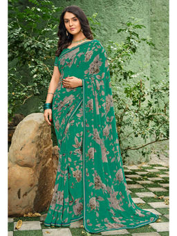 Laxmipati Sarees - Georgette Green Color Floral Print with Lace Border Saree with Unstitched Blouse