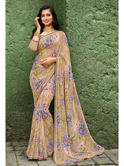 Laxmipati Sarees - Georgette Beige Color Floral Print with Lace Border Saree with Unstitched Blouse
