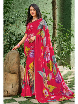 Laxmipati Sarees - Georgette Red Color Floral Print with Lace Border Saree with Unstitched Blouse