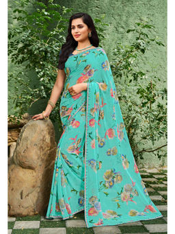 Laxmipati Sarees - Georgette Sky Blue Color Floral Print with Lace Border Saree with Unstitched Blouse